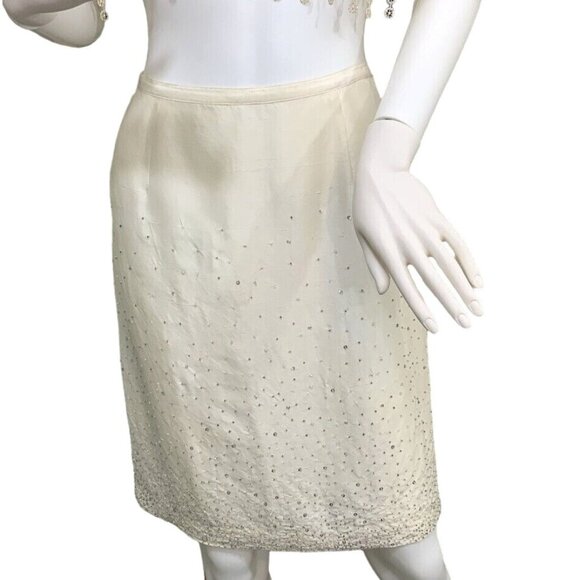 Vintage Lamberto Losani Silk Beaded Skirt Ivory M Above Knee Lined Slit Classic